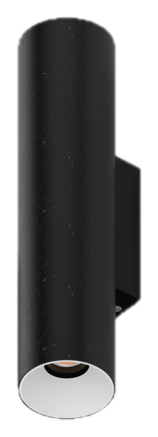 Round H325 IP65 Wall Sconce, tall black cylinder body with white reflector, shown wet with water droplets on the body