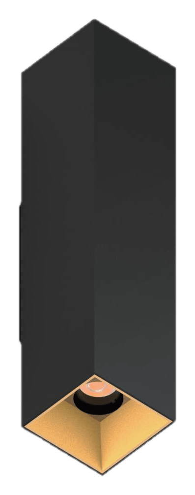 Square H325 Adjustable Wall Sconce, tall black square body with gold reflector, seen from below at an angle