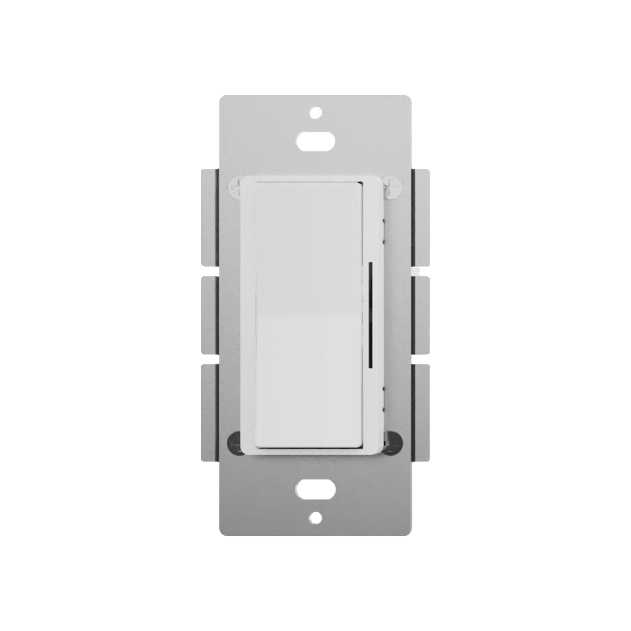 Matter smart wall dimmer, front view of the white two-button paddle with its side indicator strip, on a metal wall box strap