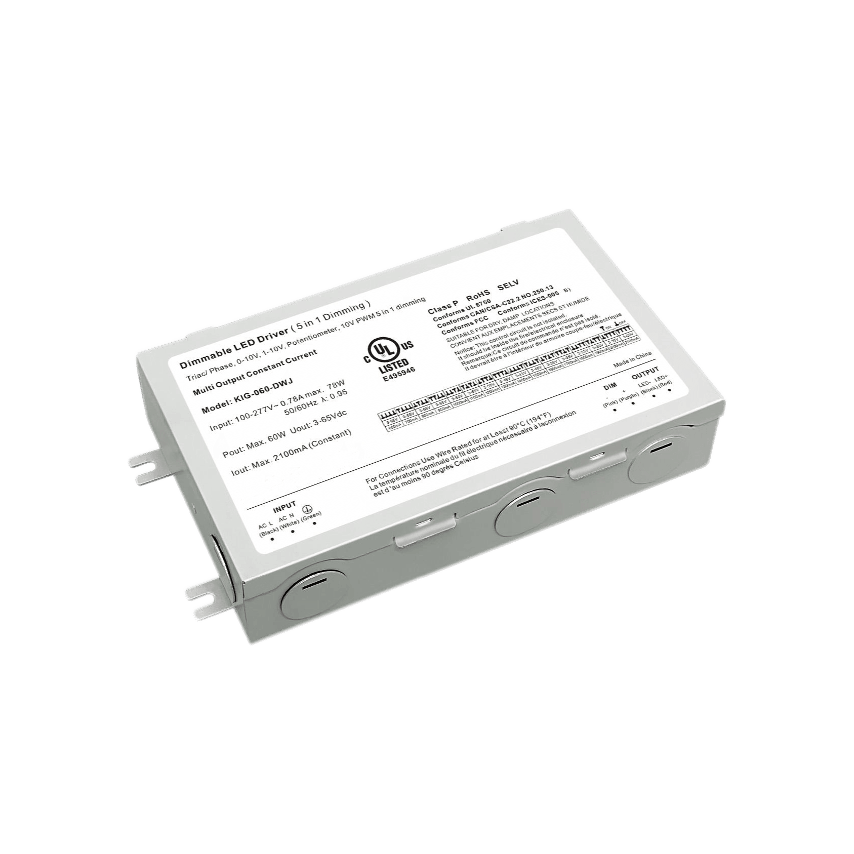 Dimmable constant current driver in a grey metal junction box with conduit knockouts and mounting tabs; the 60W KIG-060-DWJ shown, one of four ratings from 10W to 60W