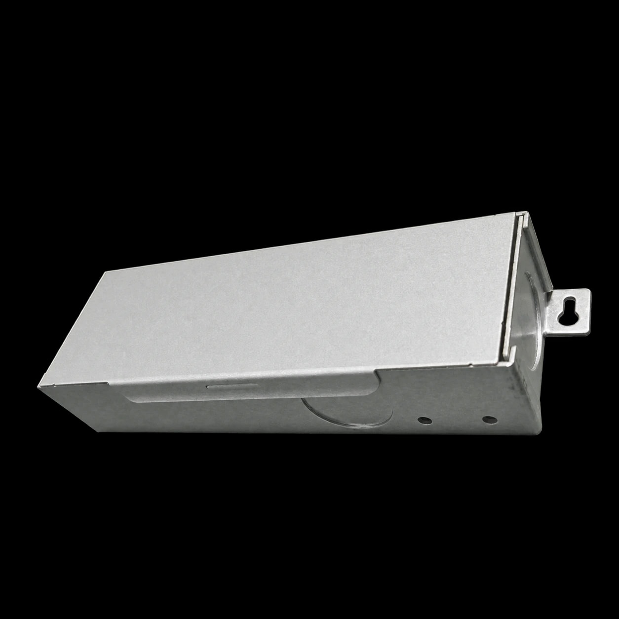 Tethered driver metal enclosure with mounting tab, shown without labels on a transparent background