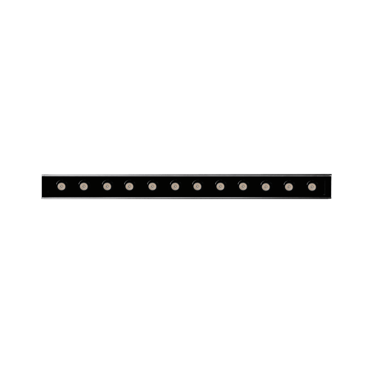 Linear In-Ground Wall Washer, frameless version, a black glass top with a row of lenses seen from above