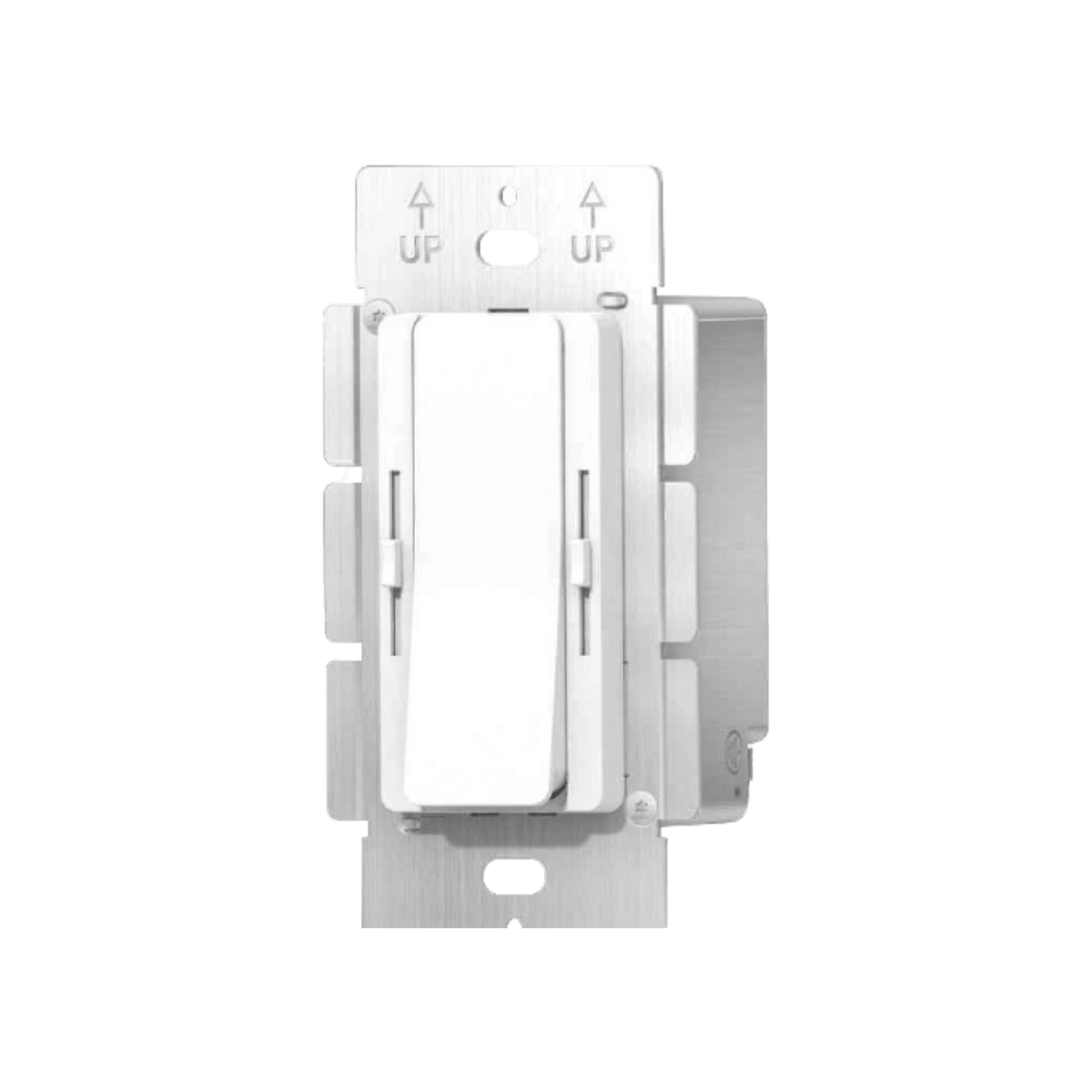 96W wireless tunable white driver and dimmer, front view of the white decorator paddle with brightness and color temperature sliders on its metal wall box strap