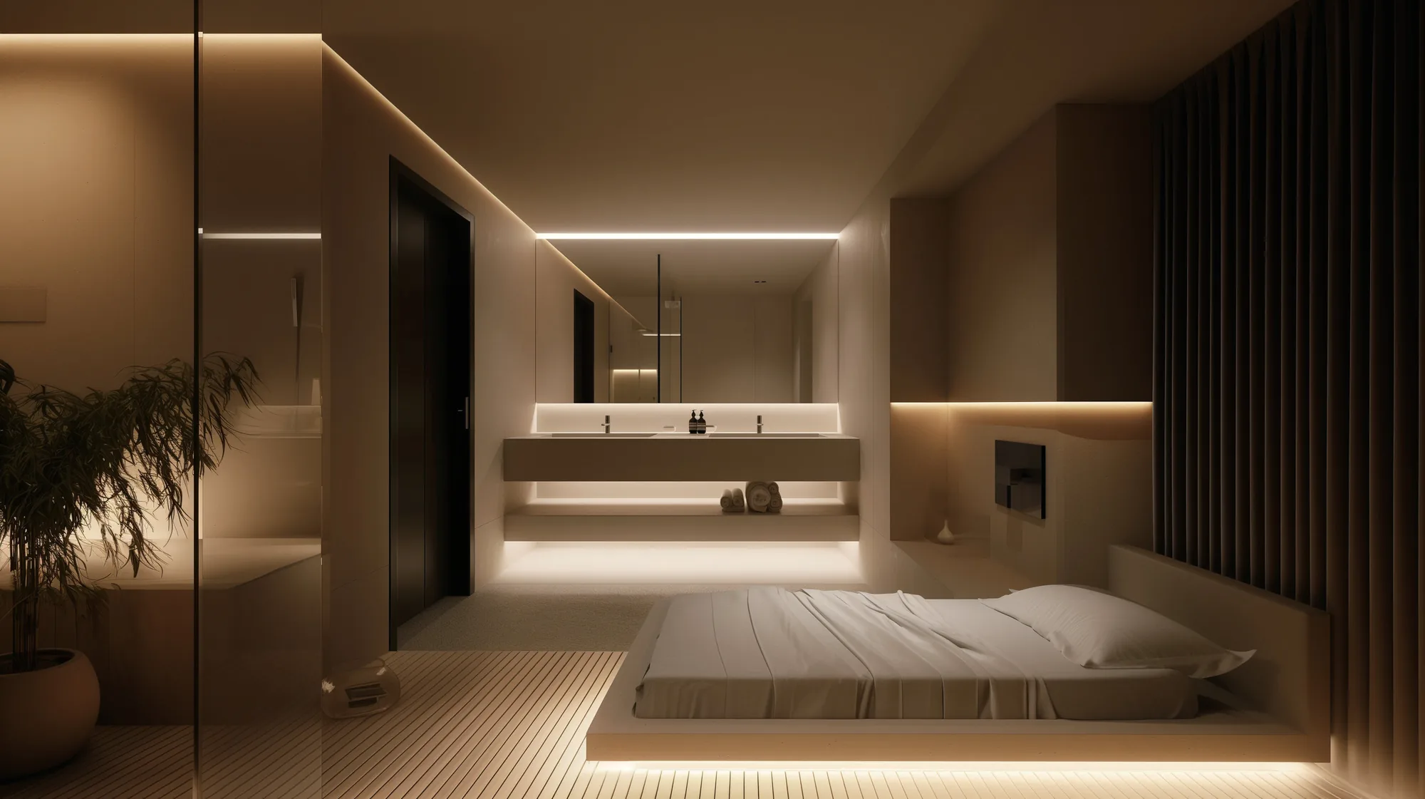 Bedroom with LED strip in the coves and under the bed platform