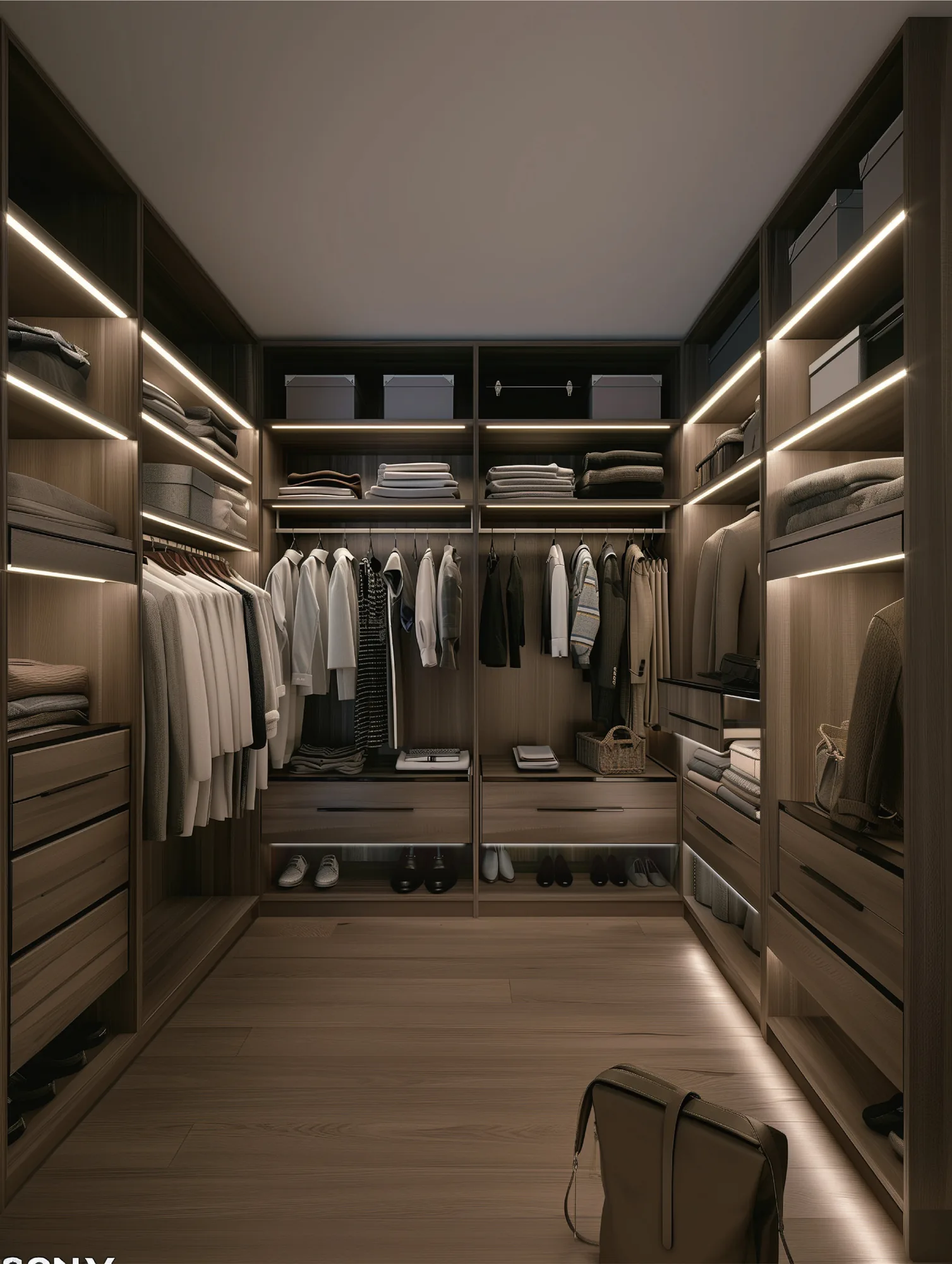 Walk-in closet with LED strip under each shelf and hanging rail