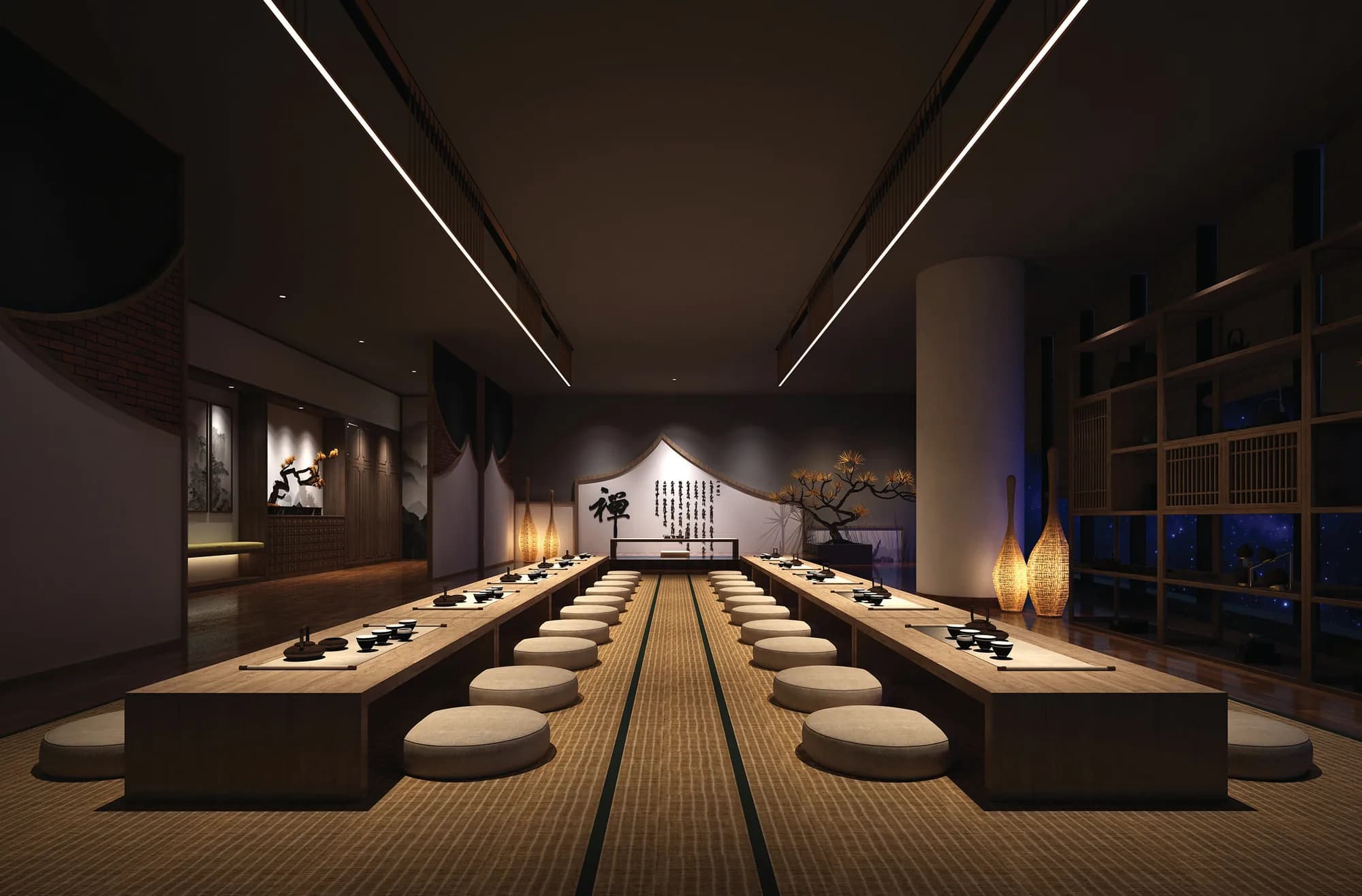 Long dining hall with recessed linear lights running the length of the ceiling