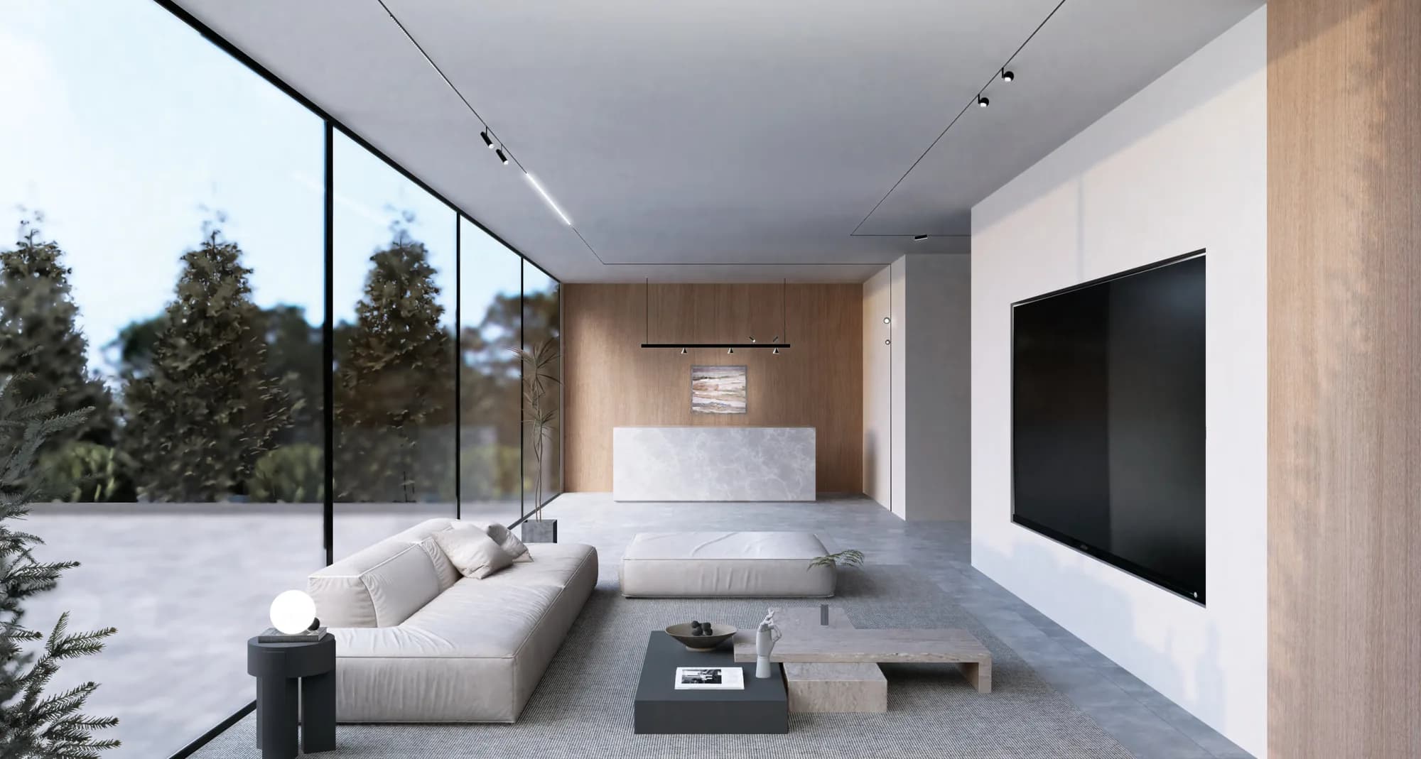 Living room with slim recessed magnetic track and spots along the ceiling
