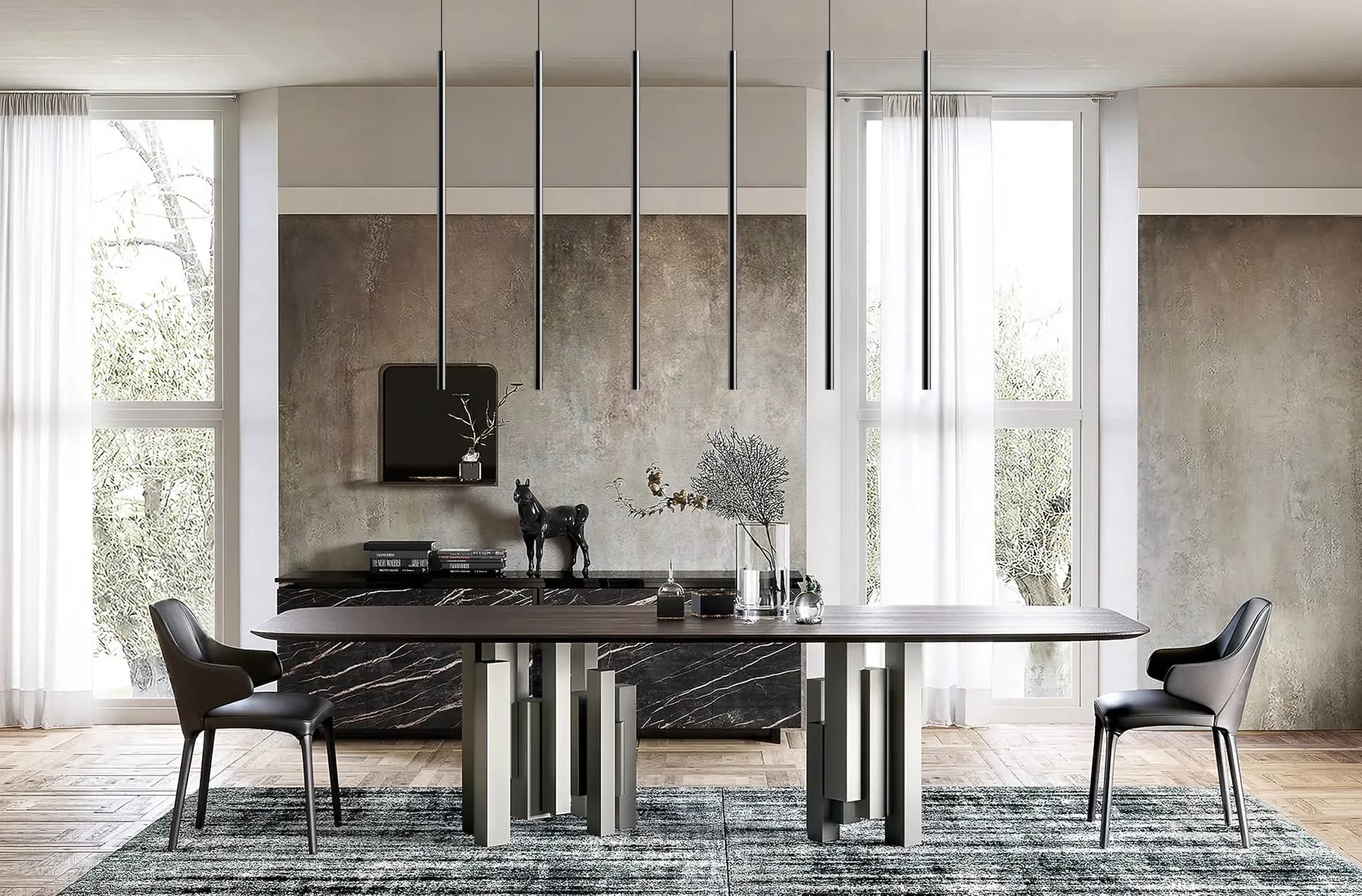 Dining room with a cluster of slim cylinder pendants over a marble table