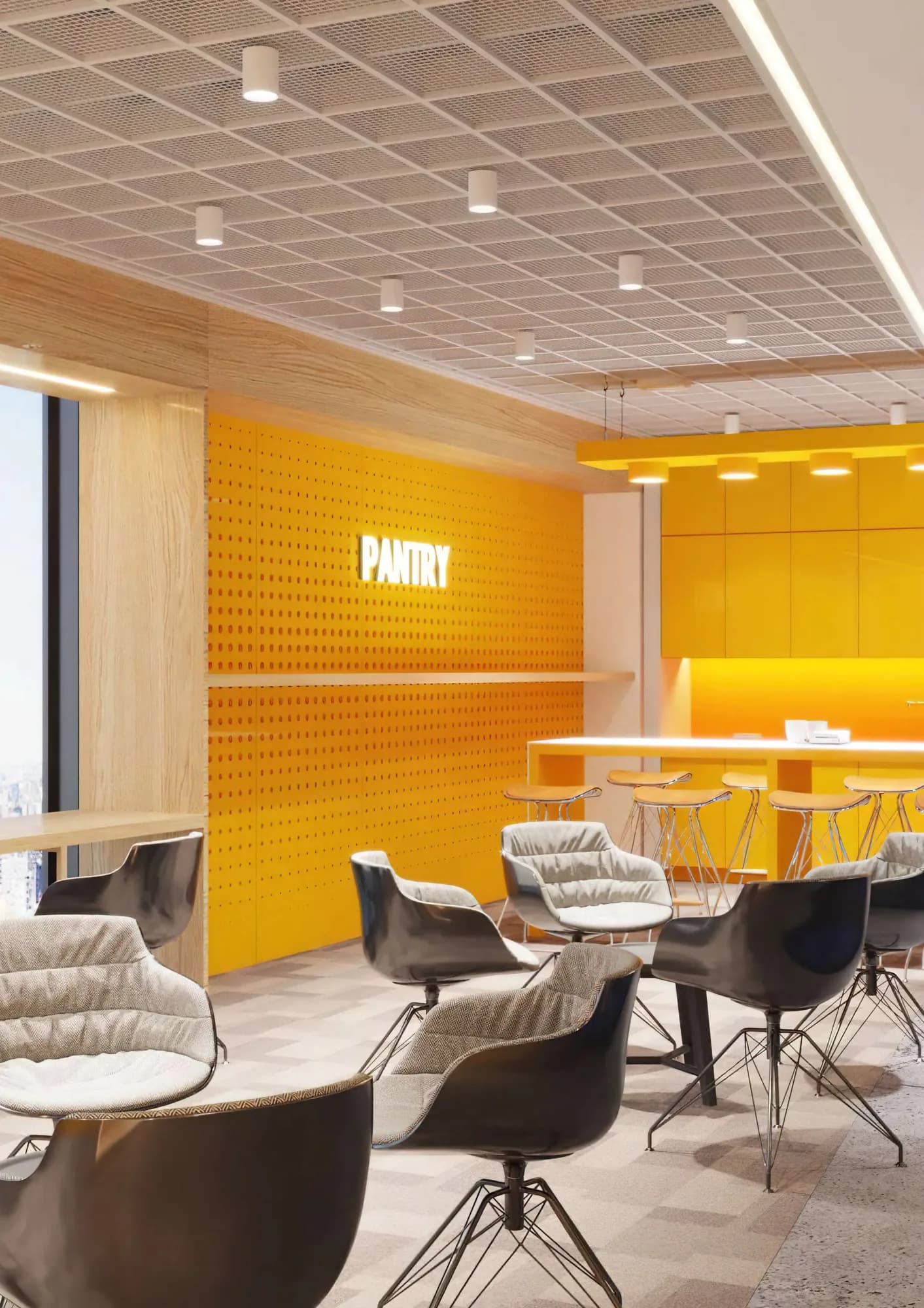 Cafe with surface cylinders across the ceiling above a yellow pantry wall
