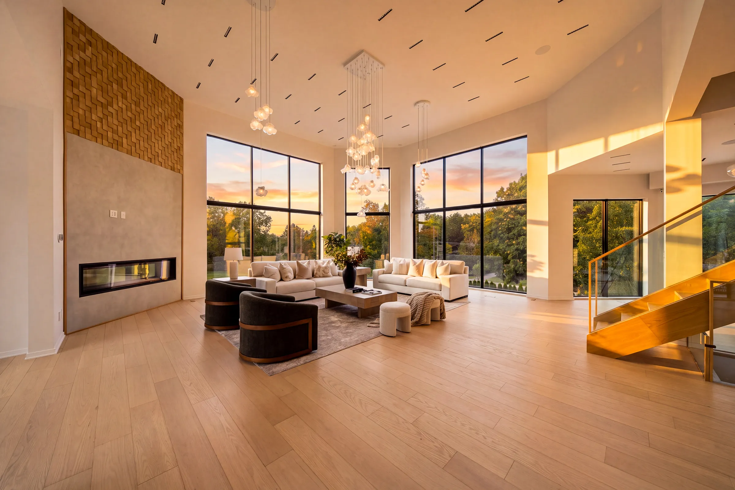Double height great room at dusk with a cluster of glass globe pendants over the seating, linear fireplace and full height glazing