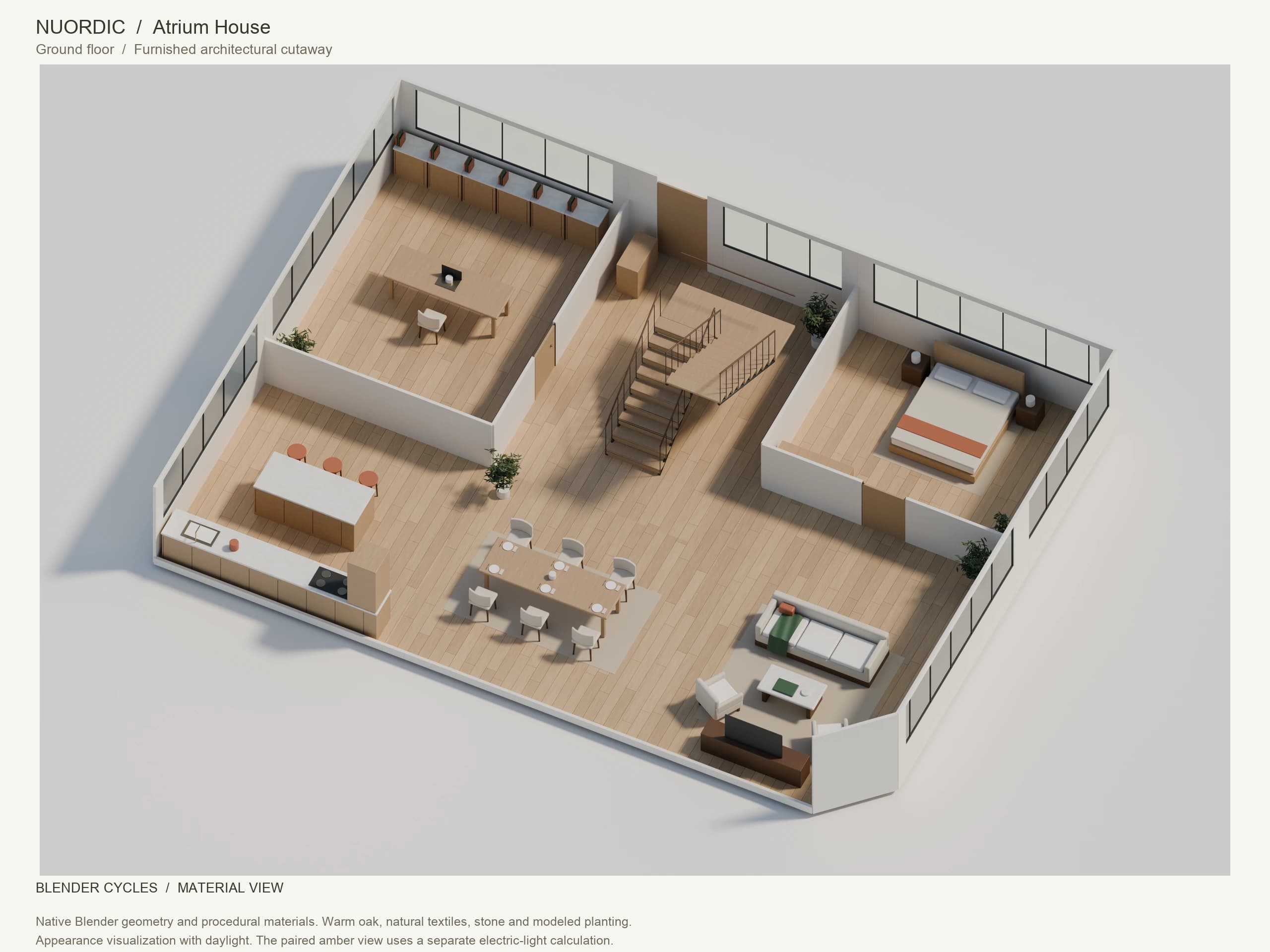 Atrium House, Ground floor: angled whole-floor Blender Cycles render with furnished interiors, modeled planting, windows and doors.