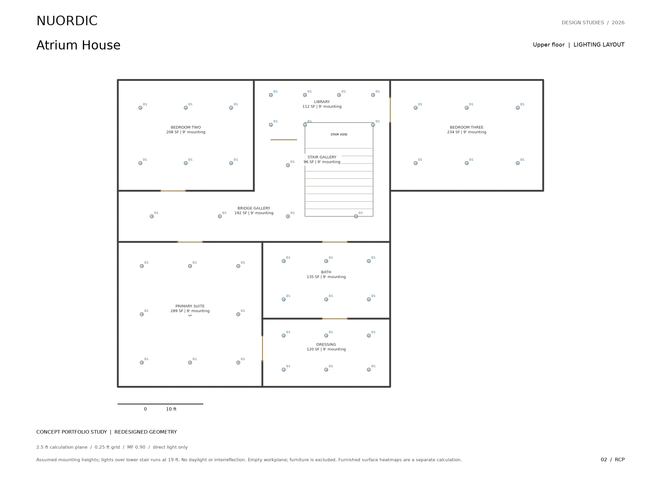 Atrium House, Upper floor: revised concept lighting layout.