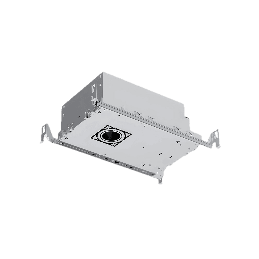 Interactive 3D model of a galvanised IC-rated housing with telescoping bar hangers, a side junction box and a multi-size knock-out for 1 to 3 inch downlights