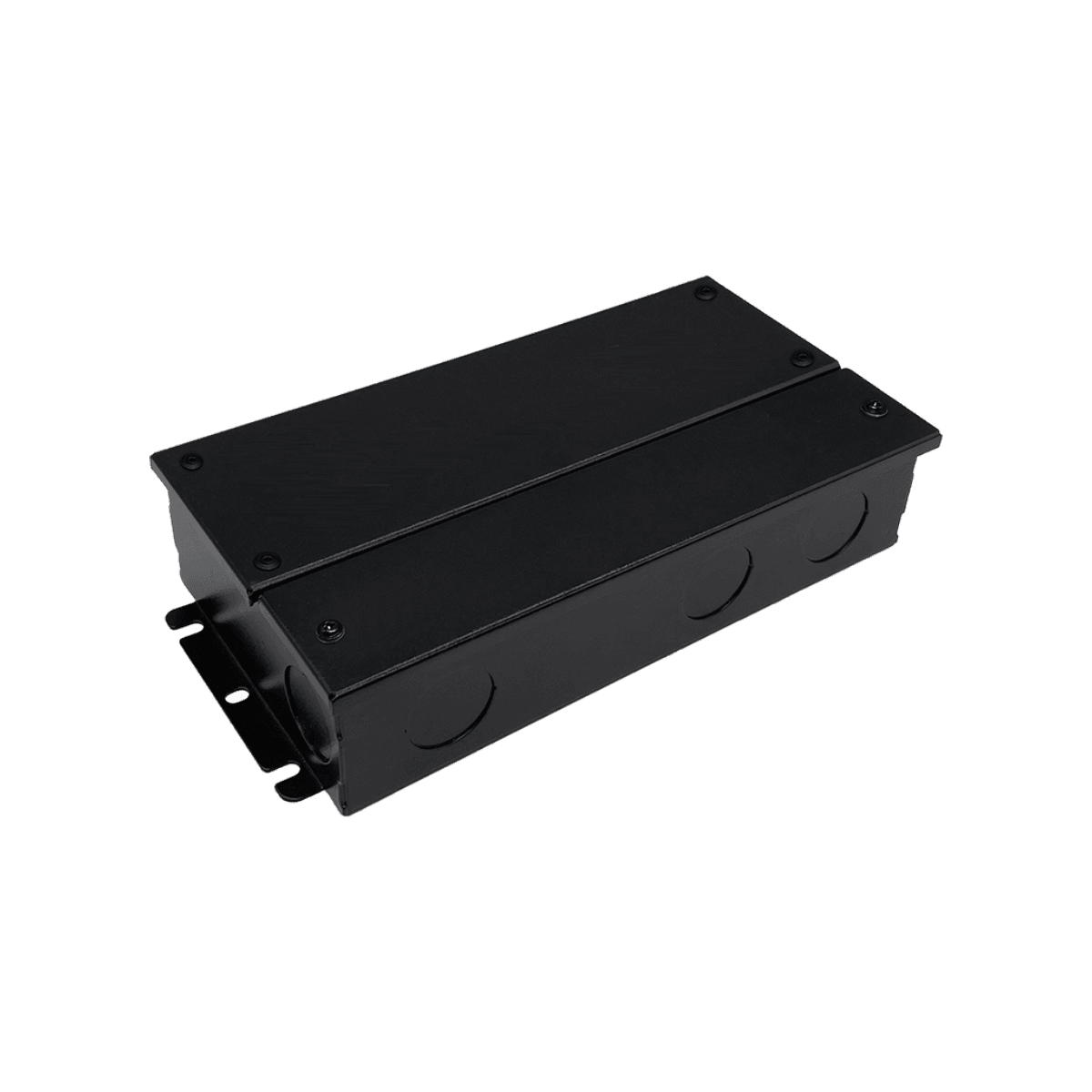 96W Matter multi-channel constant voltage driver in a black steel junction box with screw-down covers, conduit knockouts and slotted mounting tabs