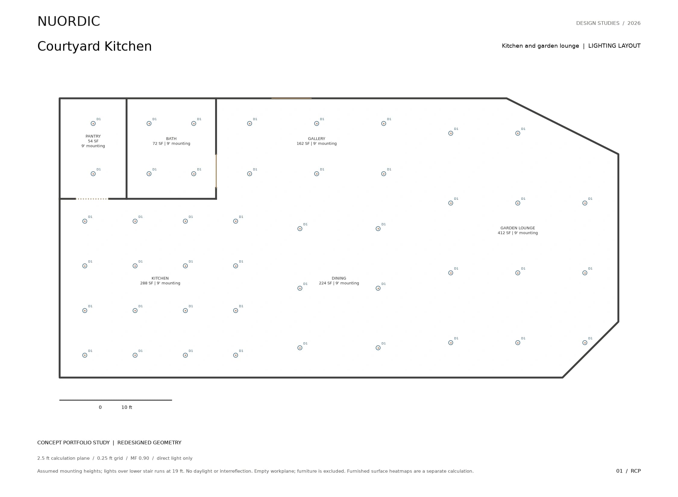 Courtyard Kitchen, Kitchen and garden lounge: revised concept lighting layout.