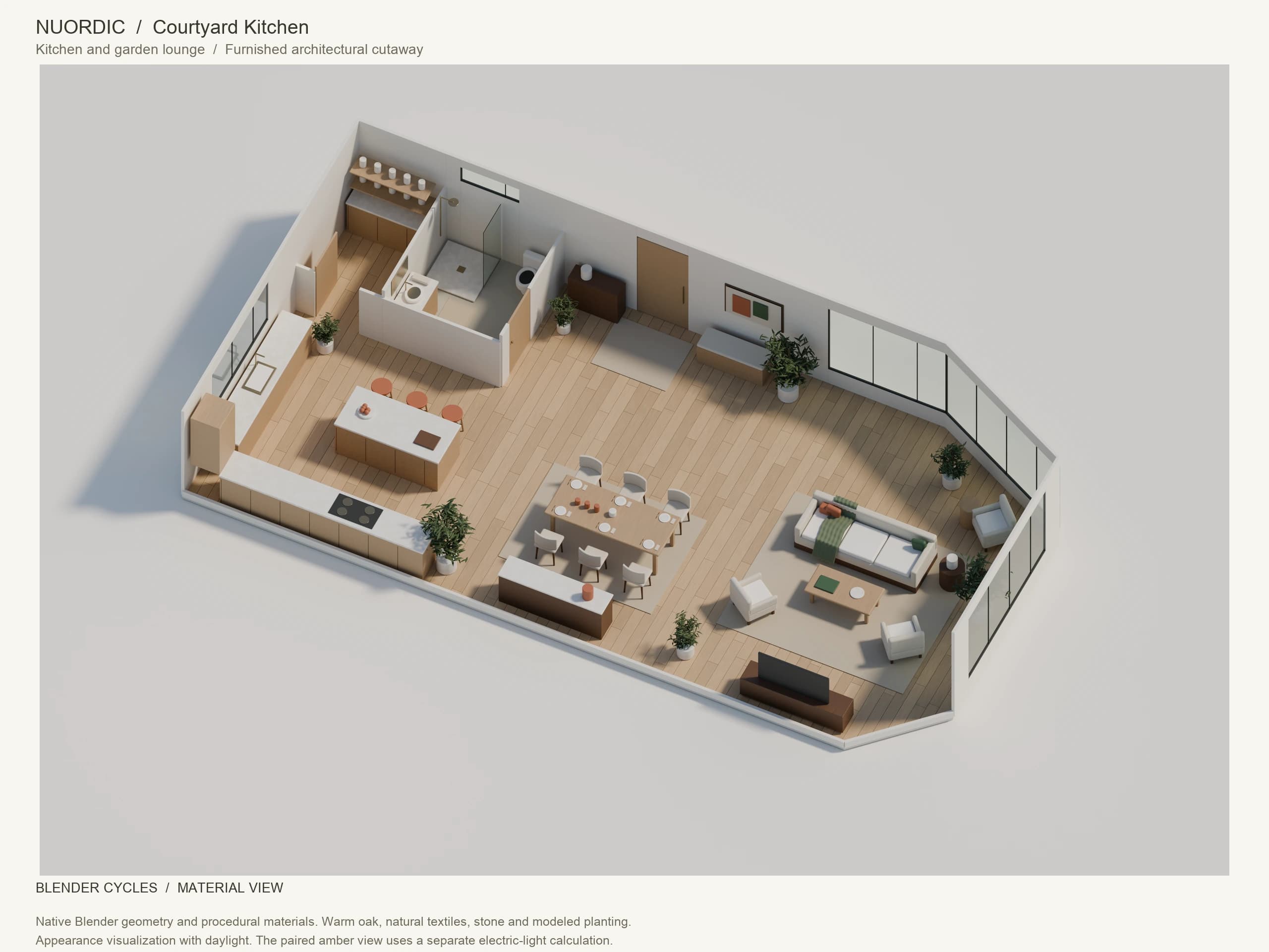 Courtyard Kitchen, Kitchen and garden lounge: angled whole-floor Blender Cycles render with furnished interiors, modeled planting, windows and doors.