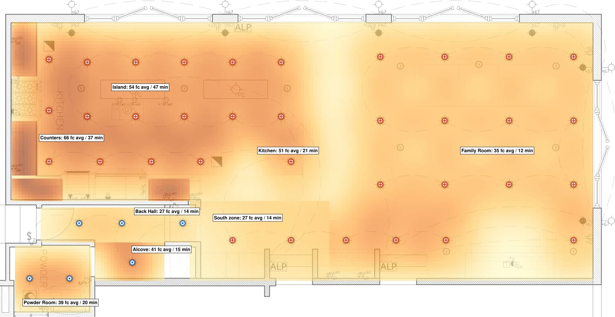 Kitchen and family room, footcandle study of the same plan, with room averages and minimums