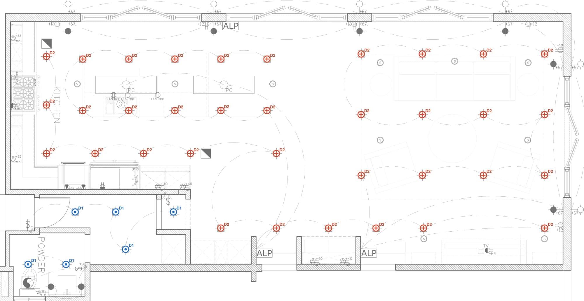 Kitchen and family room, lighting layout with every fixture placed and tagged