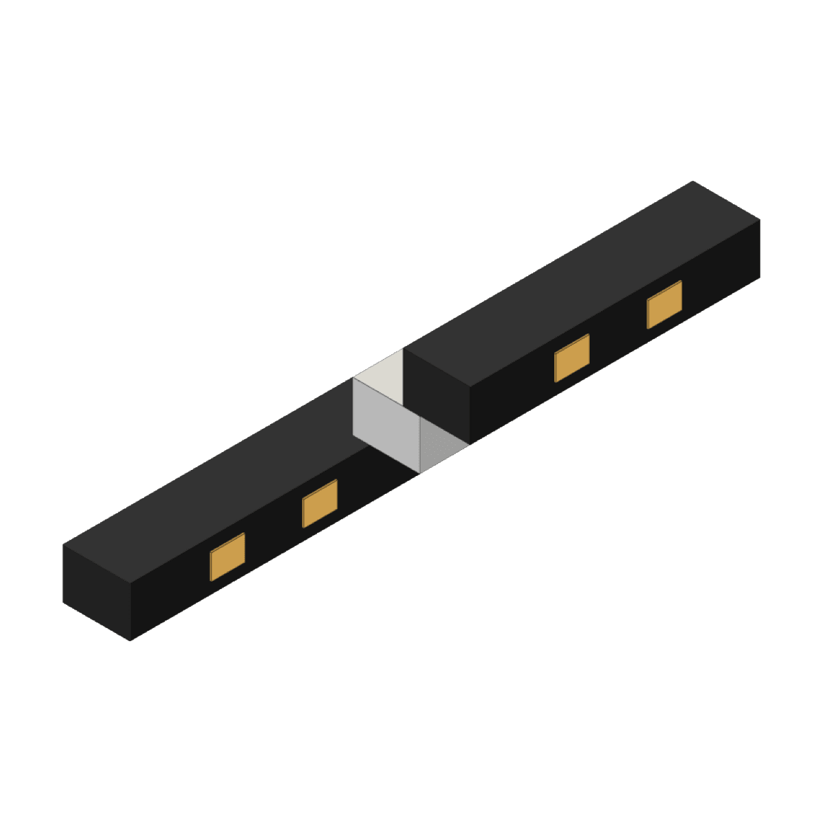 Illustration of a black isolating joint for 19mm magnetic track, with the insulating break between its two halves