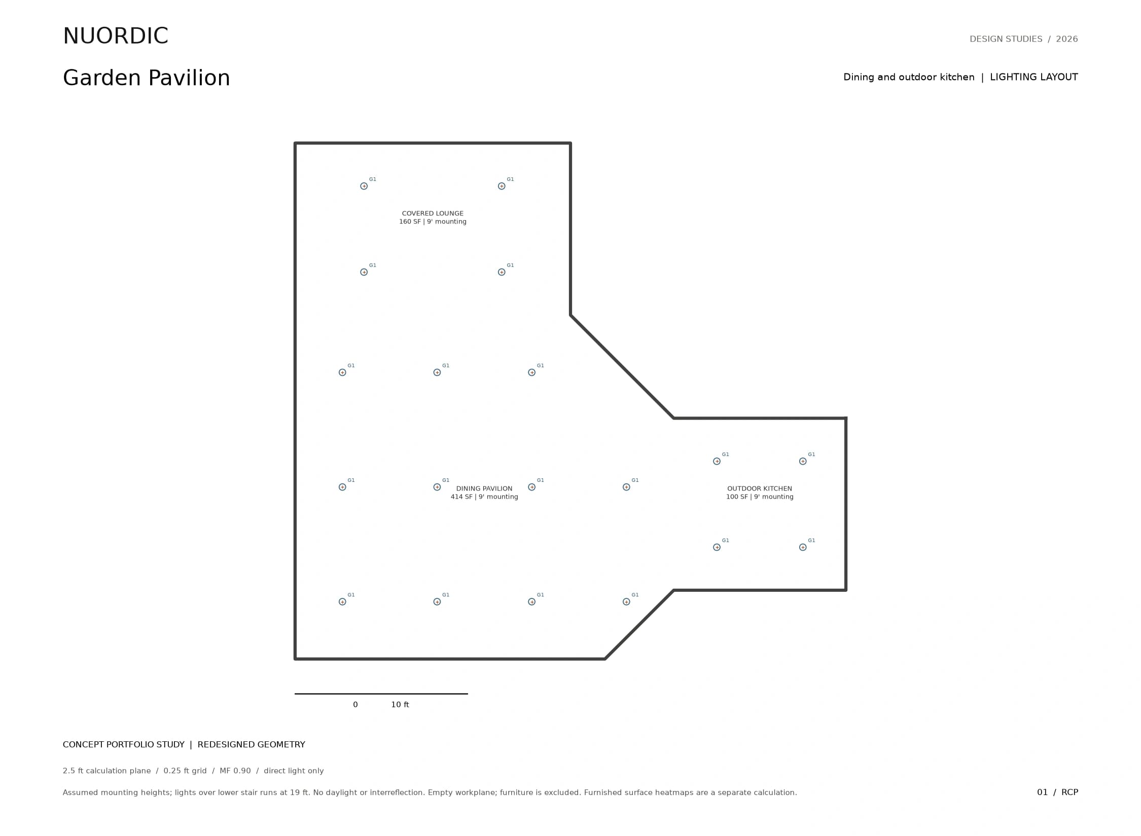 Garden Pavilion, Dining and outdoor kitchen: revised concept lighting layout.