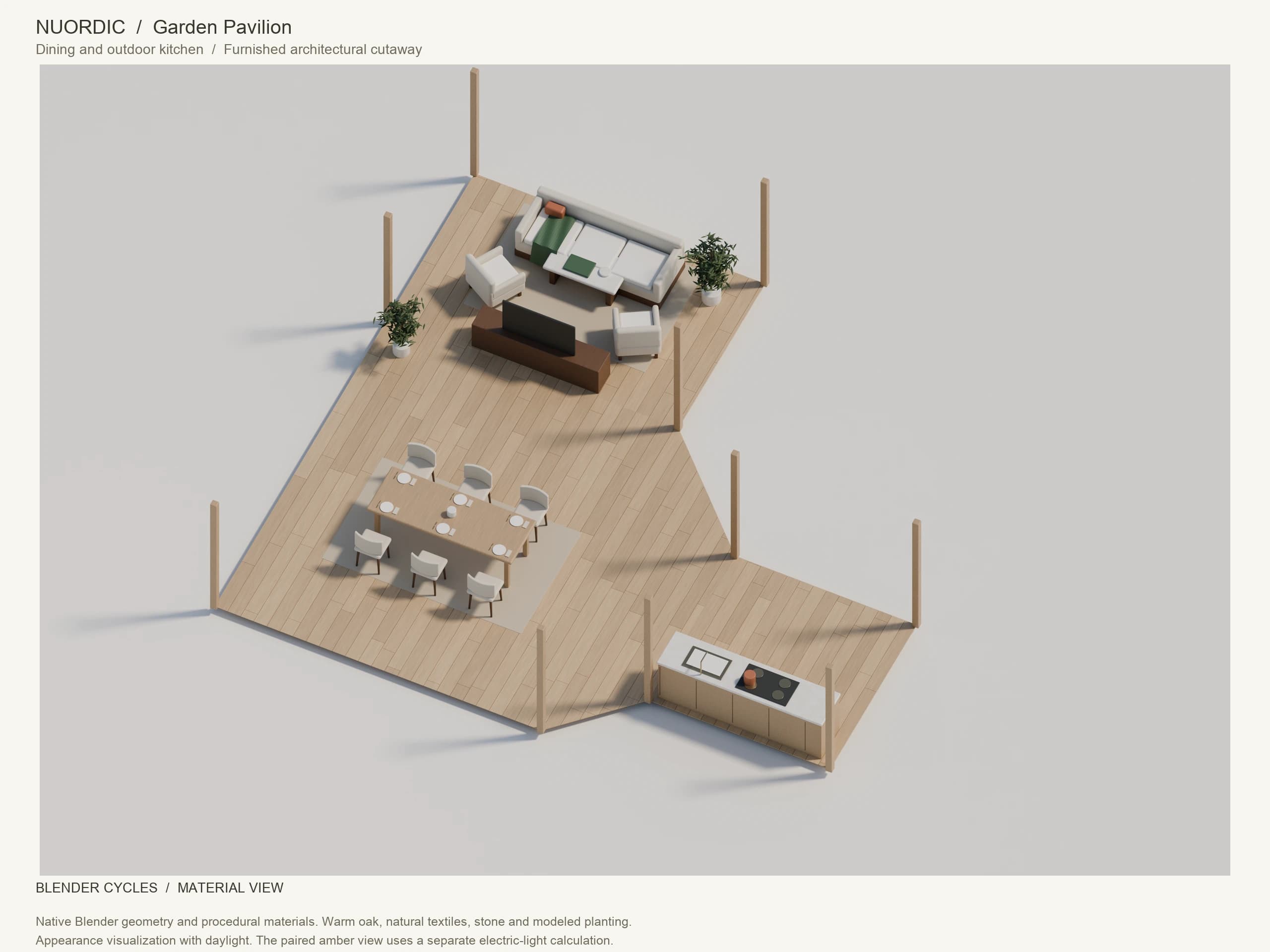 Garden Pavilion, Dining and outdoor kitchen: angled whole-floor Blender Cycles render with furnished interiors, modeled planting, windows and doors.