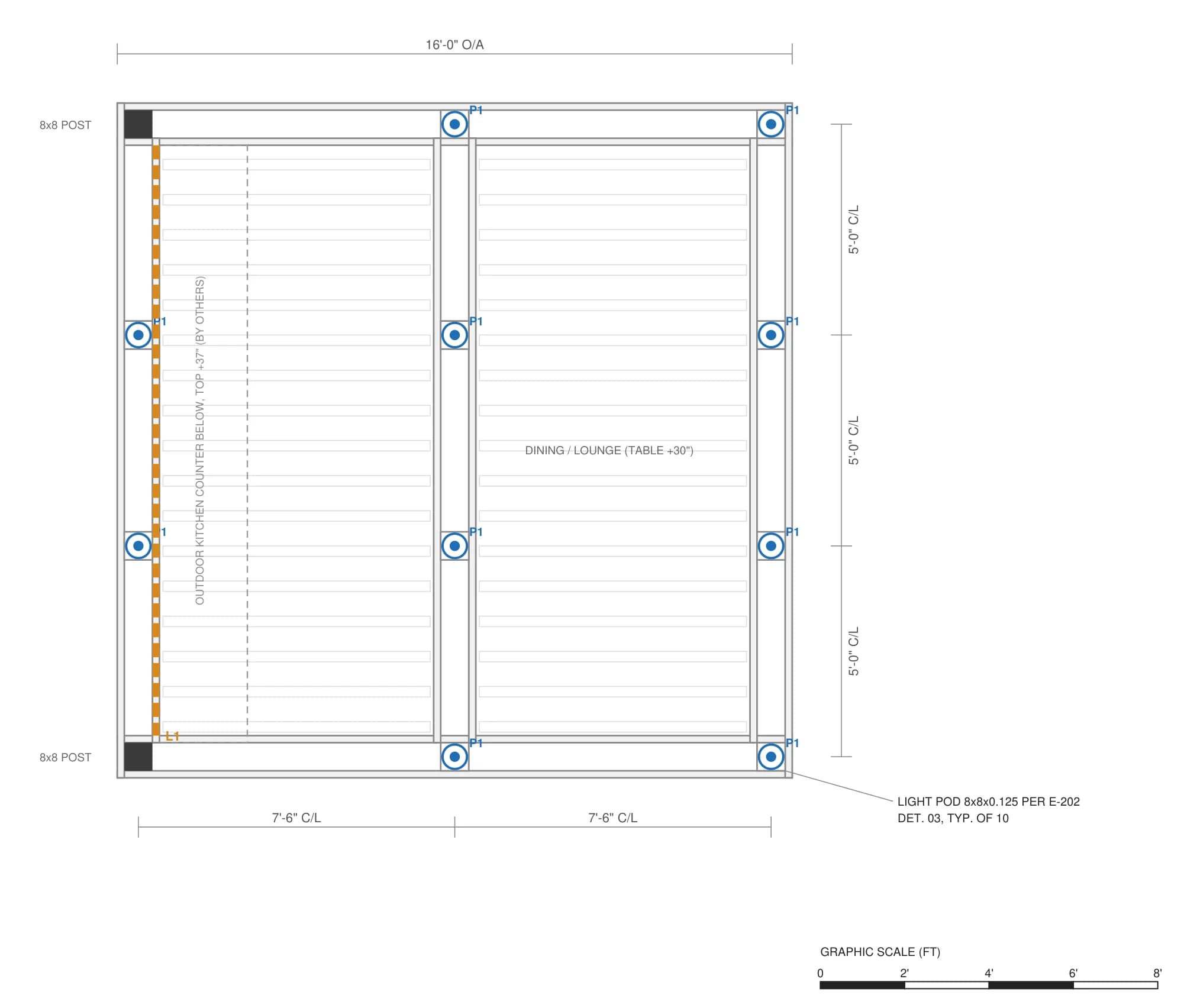 Reflected ceiling lighting layout of a 16 ft square pergola: ten 3 inch wet-location downlights in the beam light pods on a 7 ft 6 in by 5 ft grid, and a 14 ft run of dim to warm LED tape along the outdoor kitchen counter beam.