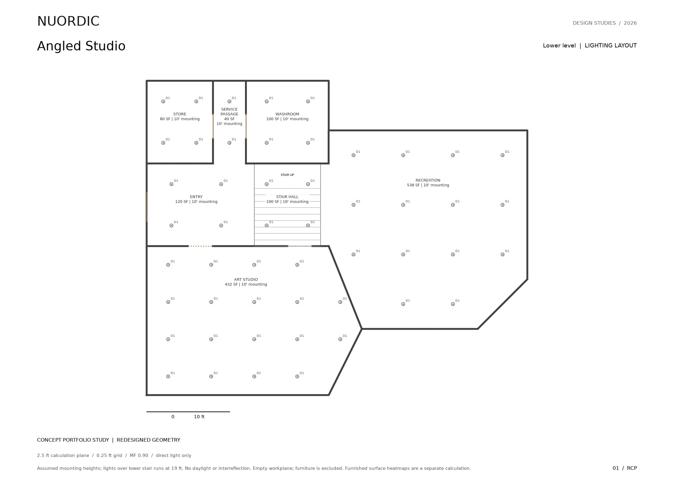 Angled Studio, Lower level: revised concept lighting layout.