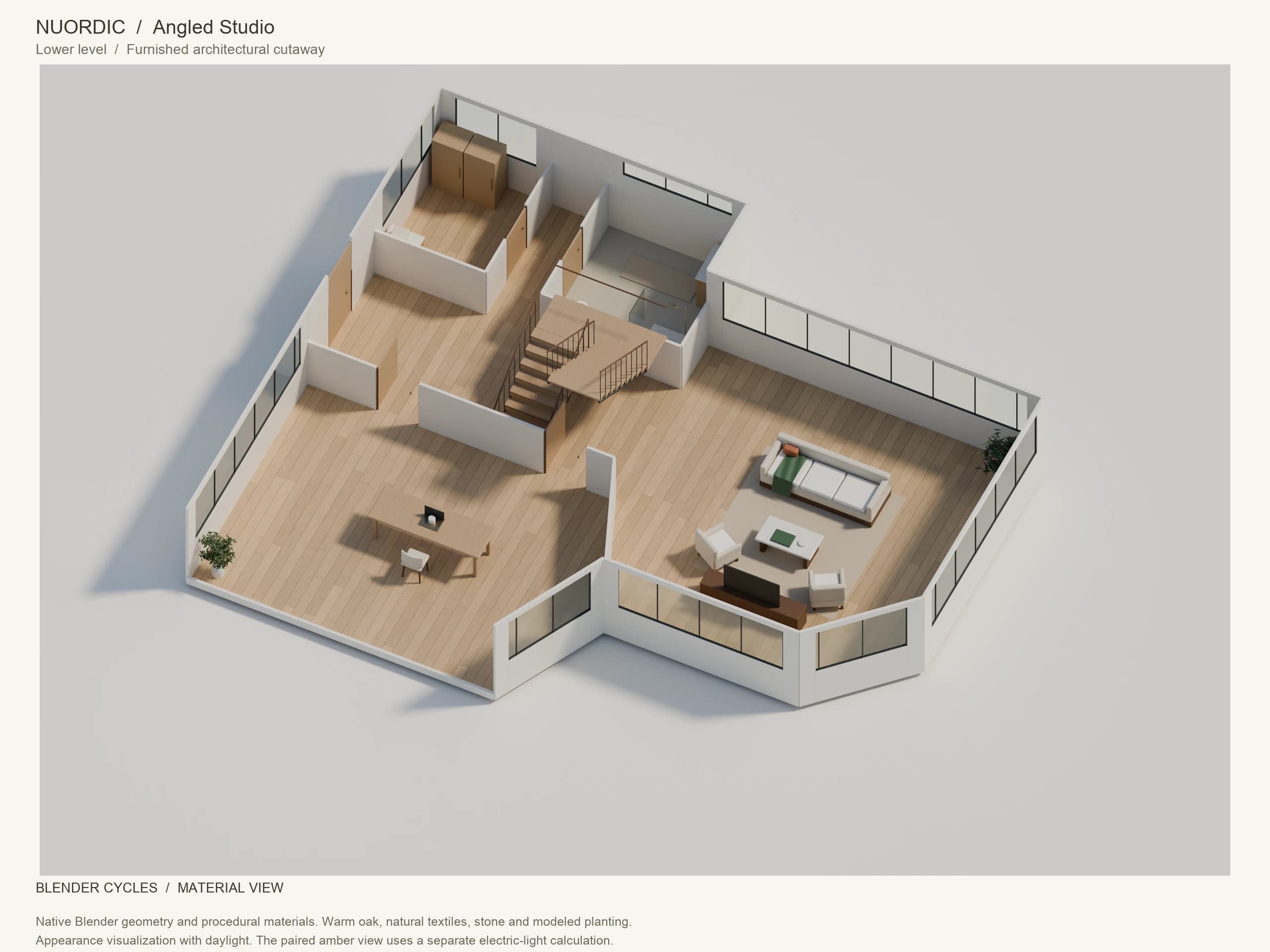 Angled Studio, Lower level: angled whole-floor Blender Cycles render with furnished interiors, modeled planting, windows and doors.