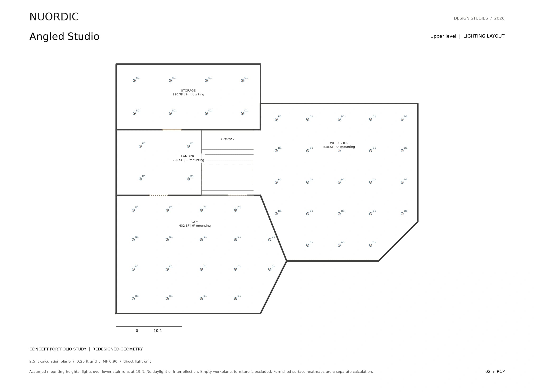 Angled Studio, Upper level: revised concept lighting layout.