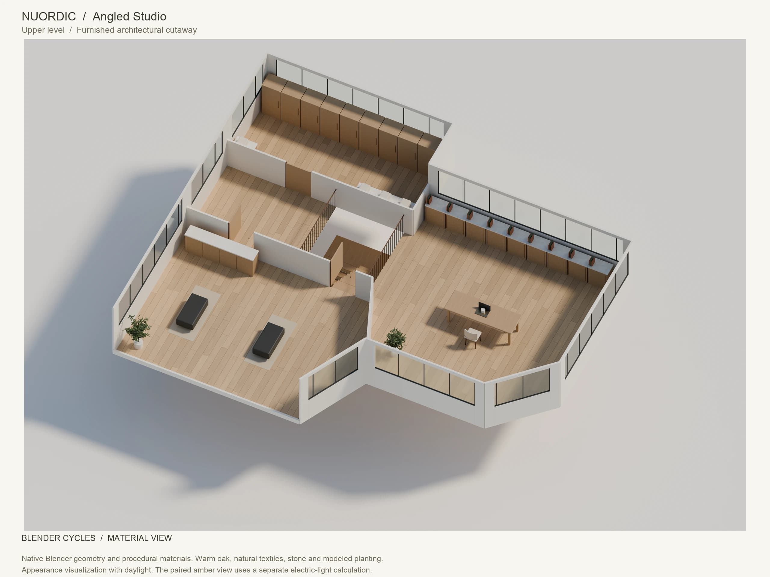 Angled Studio, Upper level: angled whole-floor Blender Cycles render with furnished interiors, modeled planting, windows and doors.