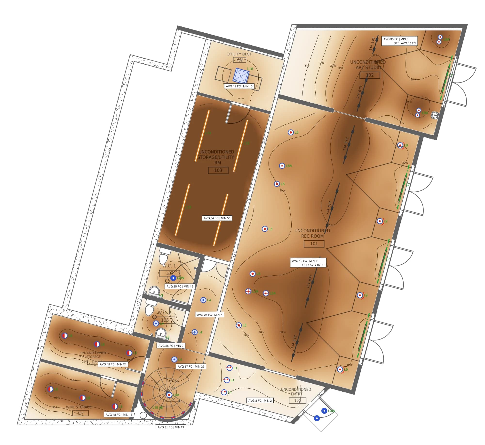 Lower level illuminance plan in footcandles with isolux lines and per-room average and minimum labels.