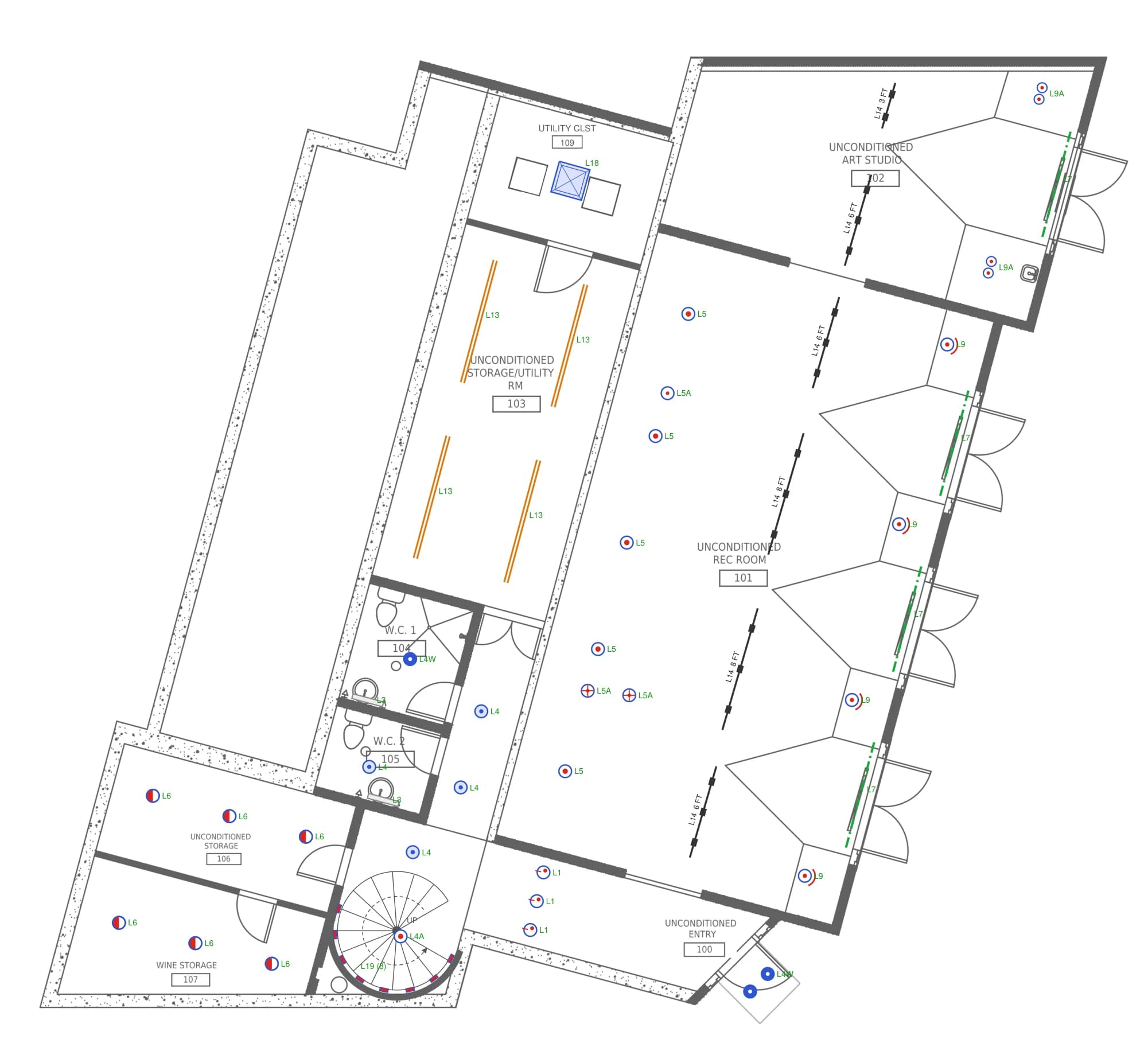 Lower level lighting layout: downlights, wall washers, adjustable accents, surface linear and grazing tape across the entry, spiral stair, rec room, art studio, storage rooms and two powder rooms.