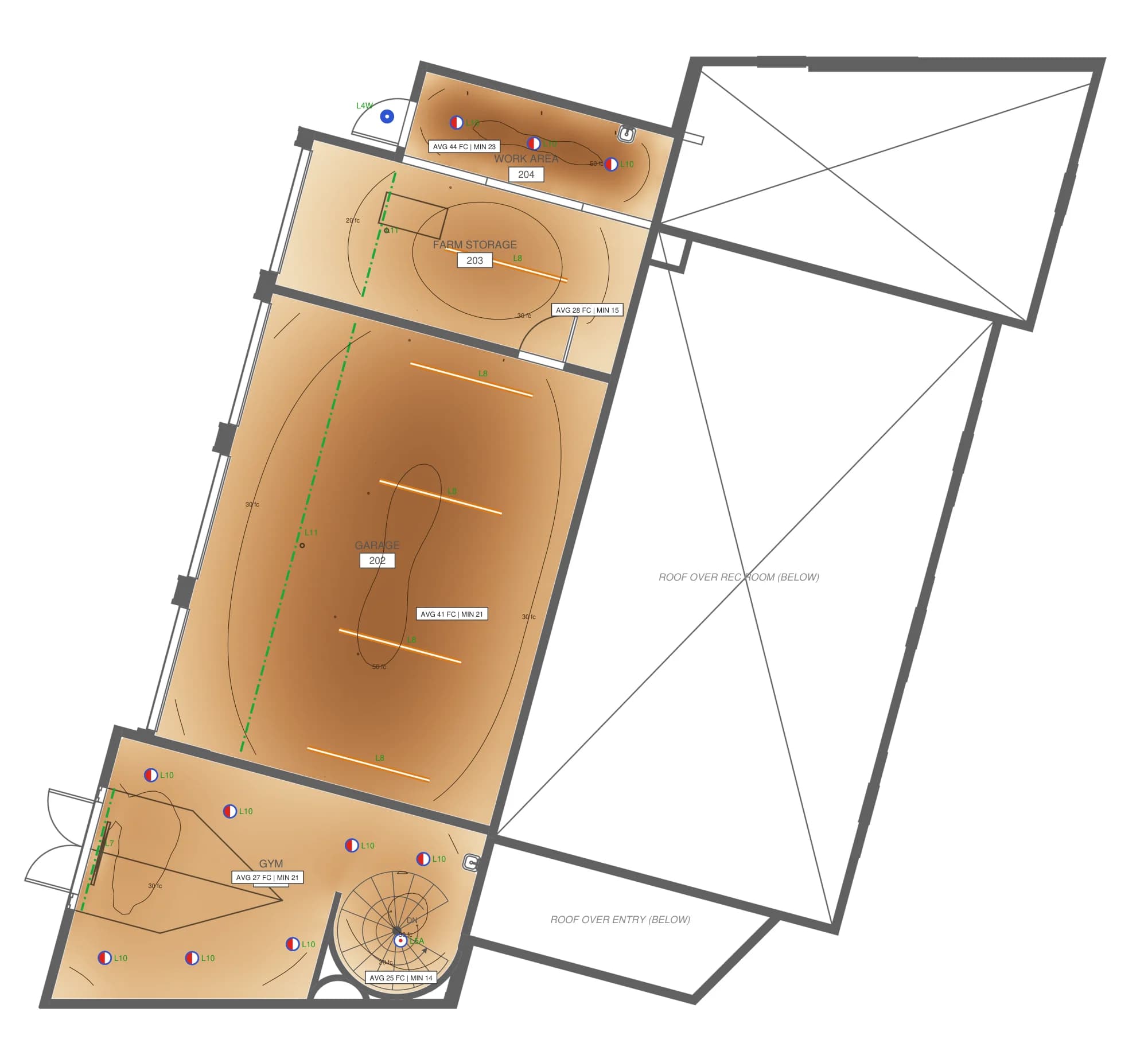 Upper level illuminance plan in footcandles with isolux lines and per-room average and minimum labels.