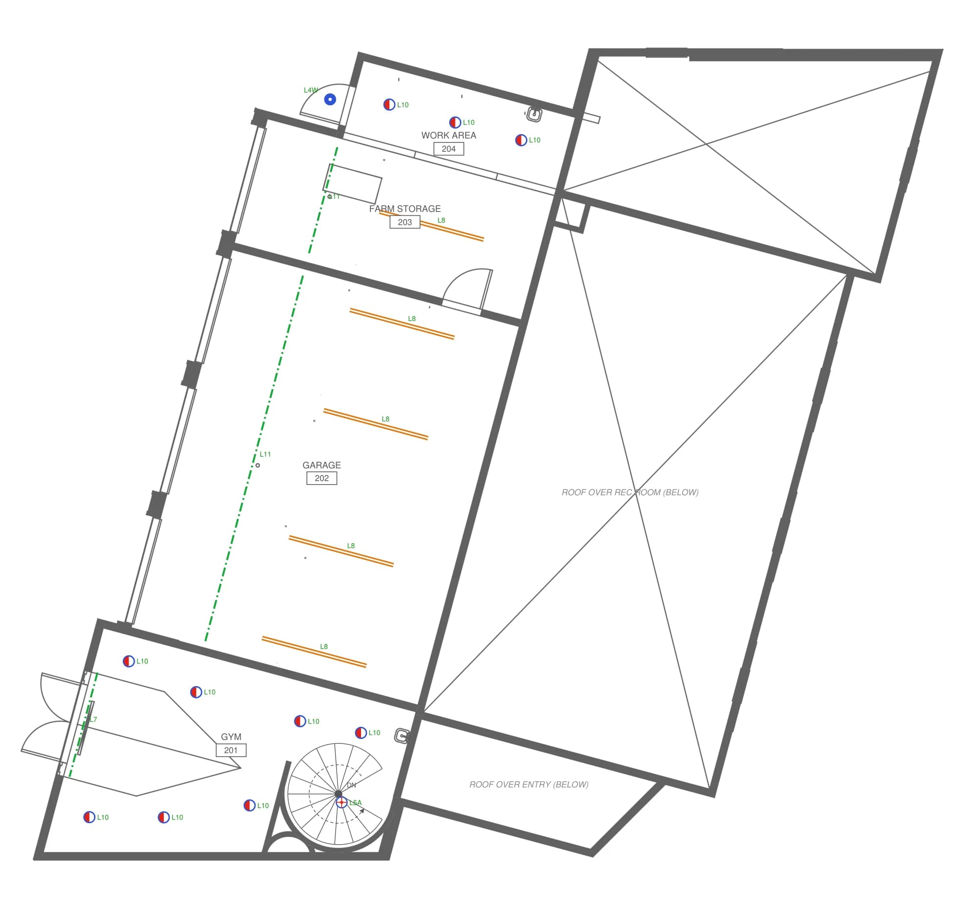 Upper level lighting layout: downlights in the gym and work area, surface linear and grazing tape in the garage and farm storage, stair downlight.
