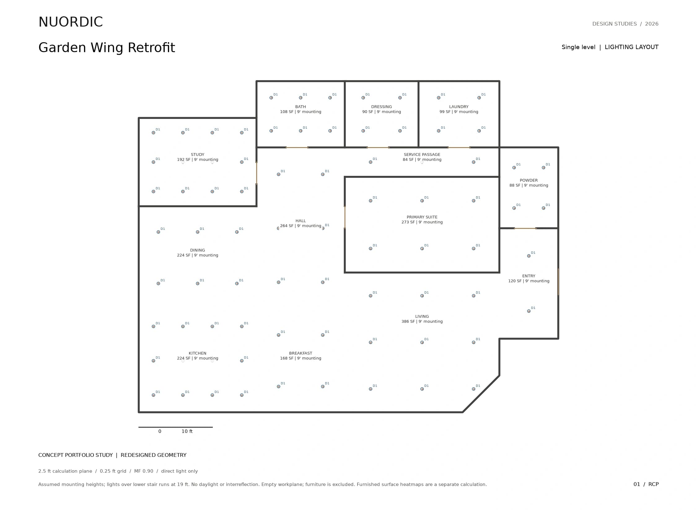 Garden Wing Retrofit, Single level: revised concept lighting layout.