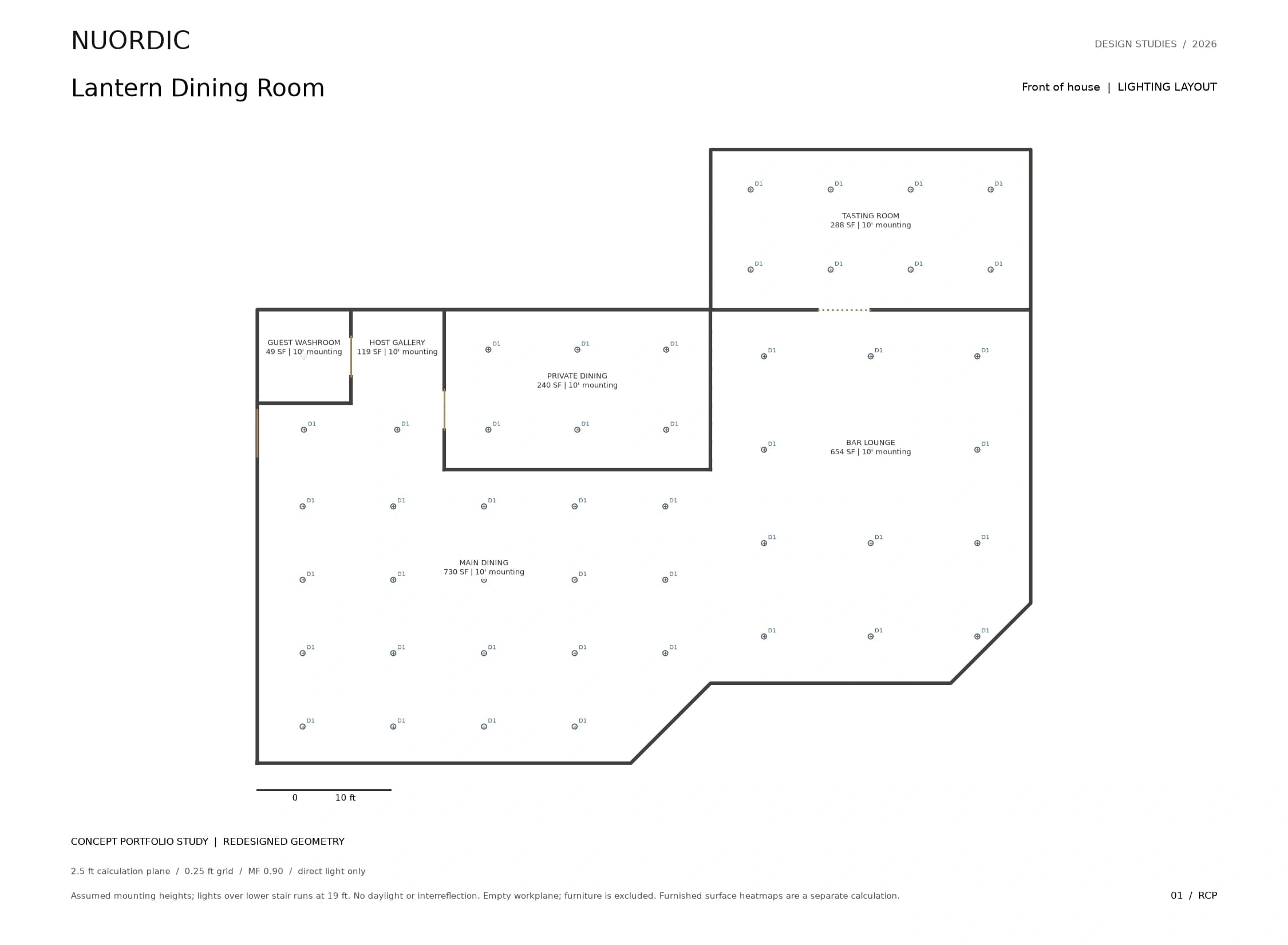 Lantern Dining Room, Front of house: revised concept lighting layout.