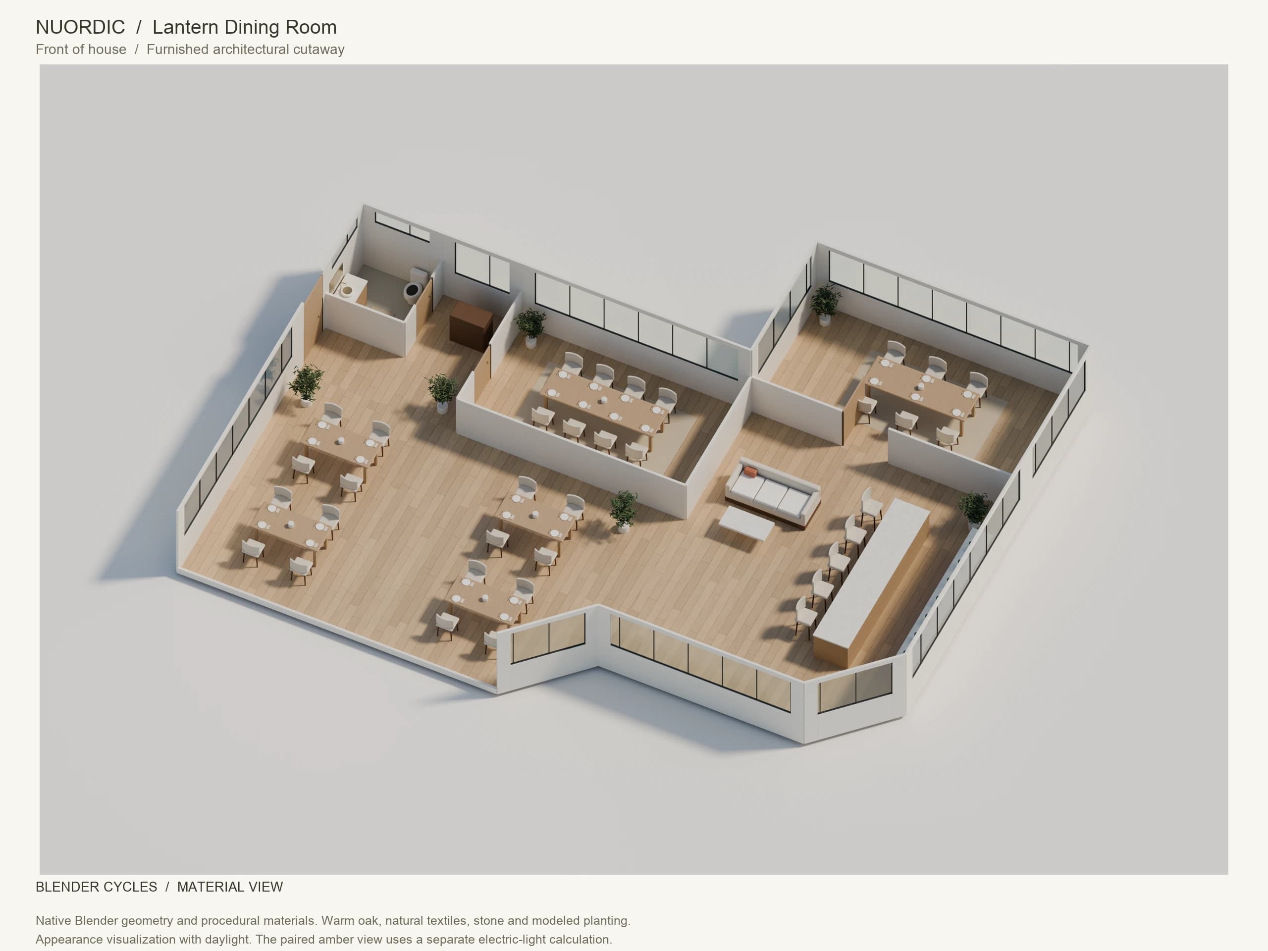 Lantern Dining Room, Front of house: angled whole-floor Blender Cycles render with furnished interiors, modeled planting, windows and doors.