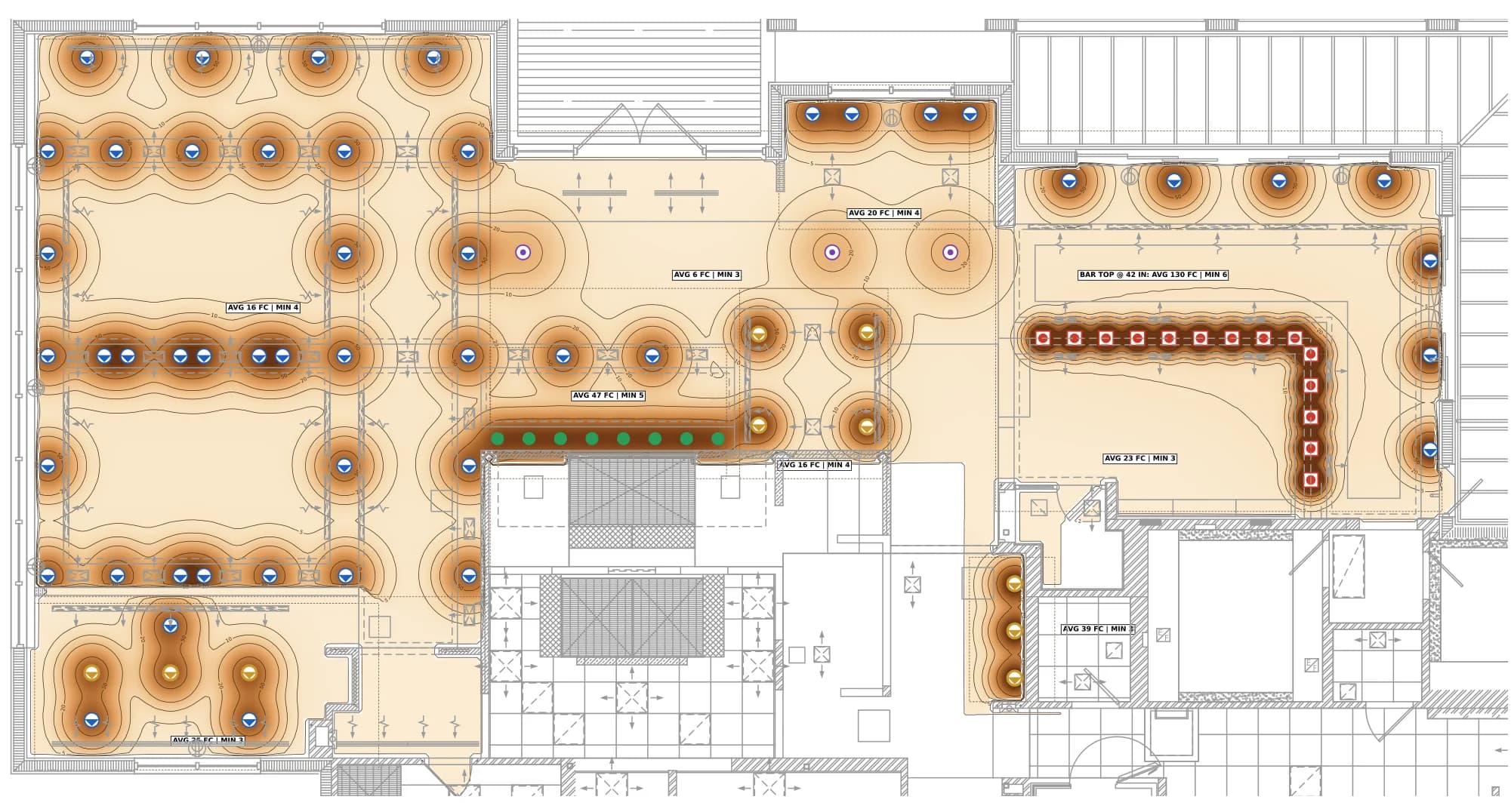 Footcandle study of the same front of house plan: pools of light on tables and the bar, darker circulation between