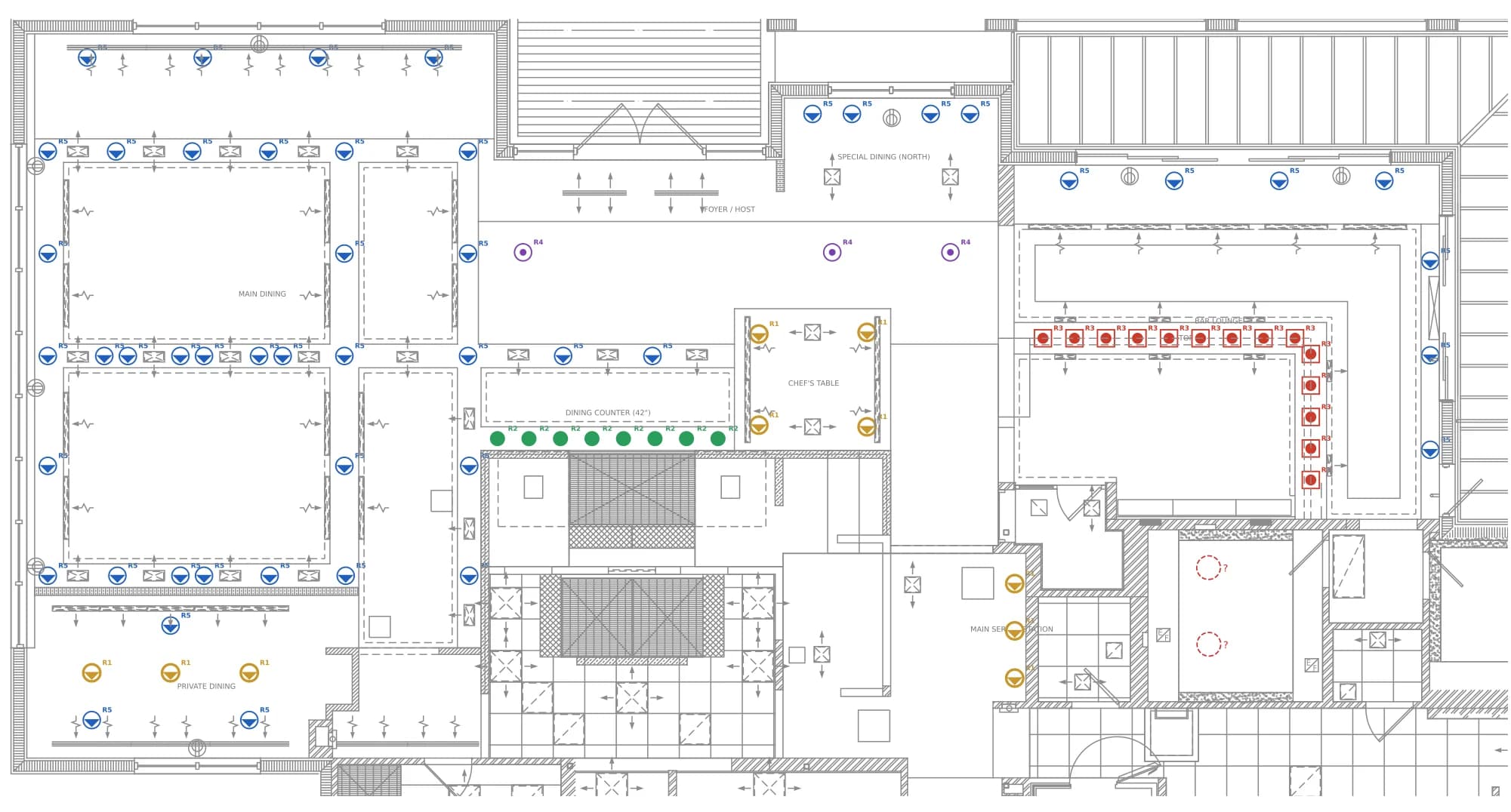 Front of house lighting layout: recessed spotlights and pinholes over the tables, bar and host stand