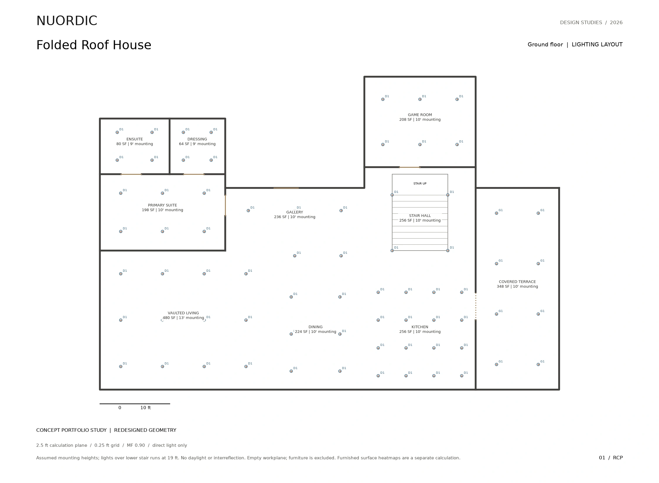 Folded Roof House, Ground floor: revised concept lighting layout.