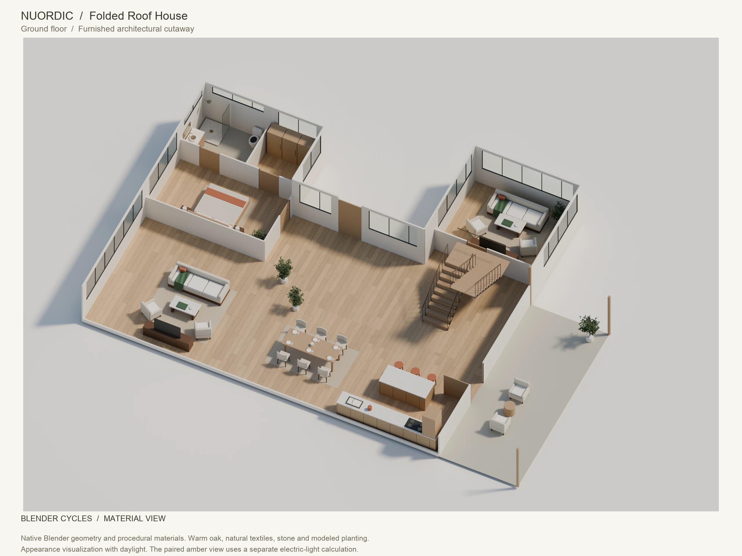 Folded Roof House, Ground floor: angled whole-floor Blender Cycles render with furnished interiors, modeled planting, windows and doors.