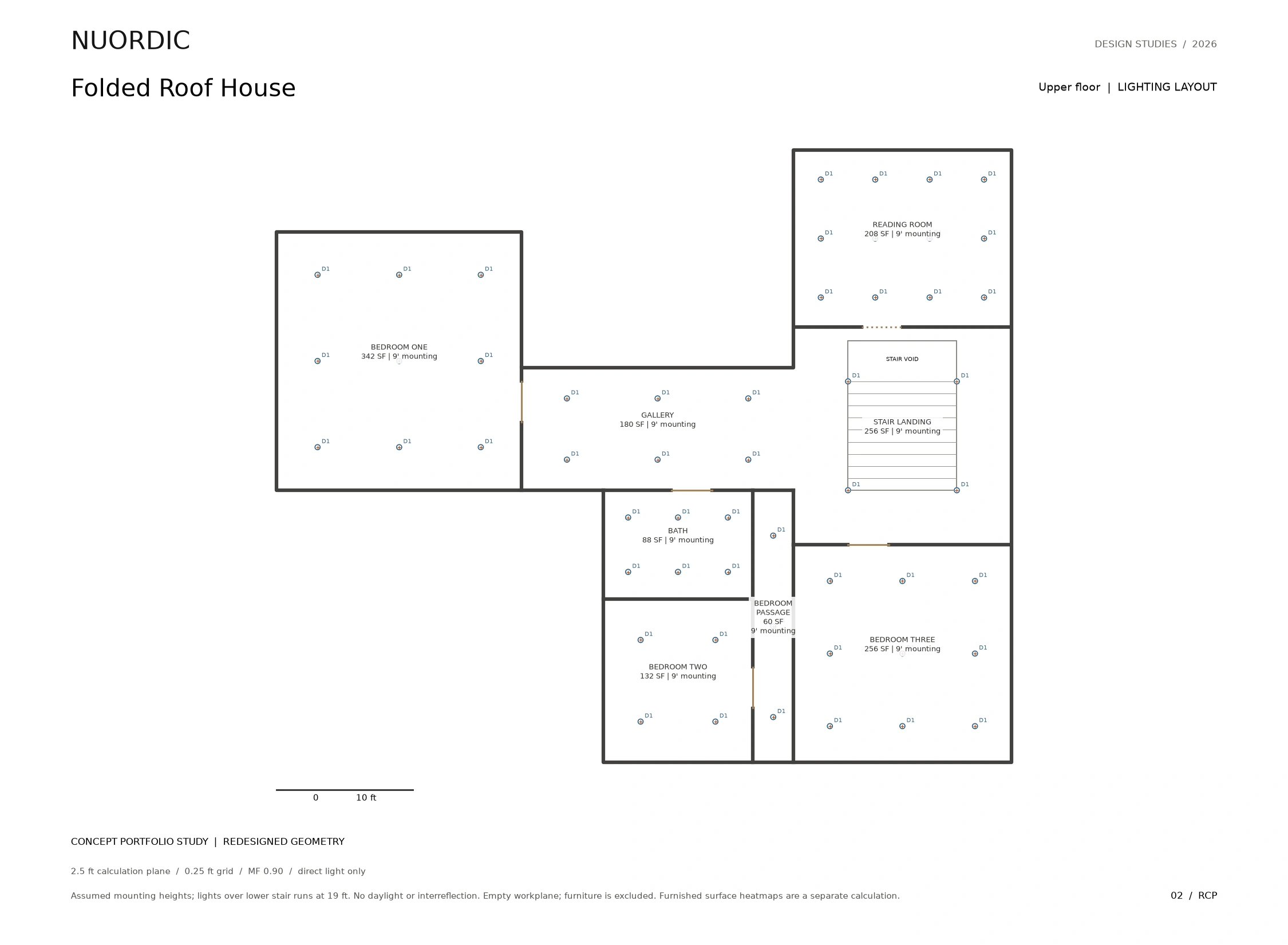 Folded Roof House, Upper floor: revised concept lighting layout.