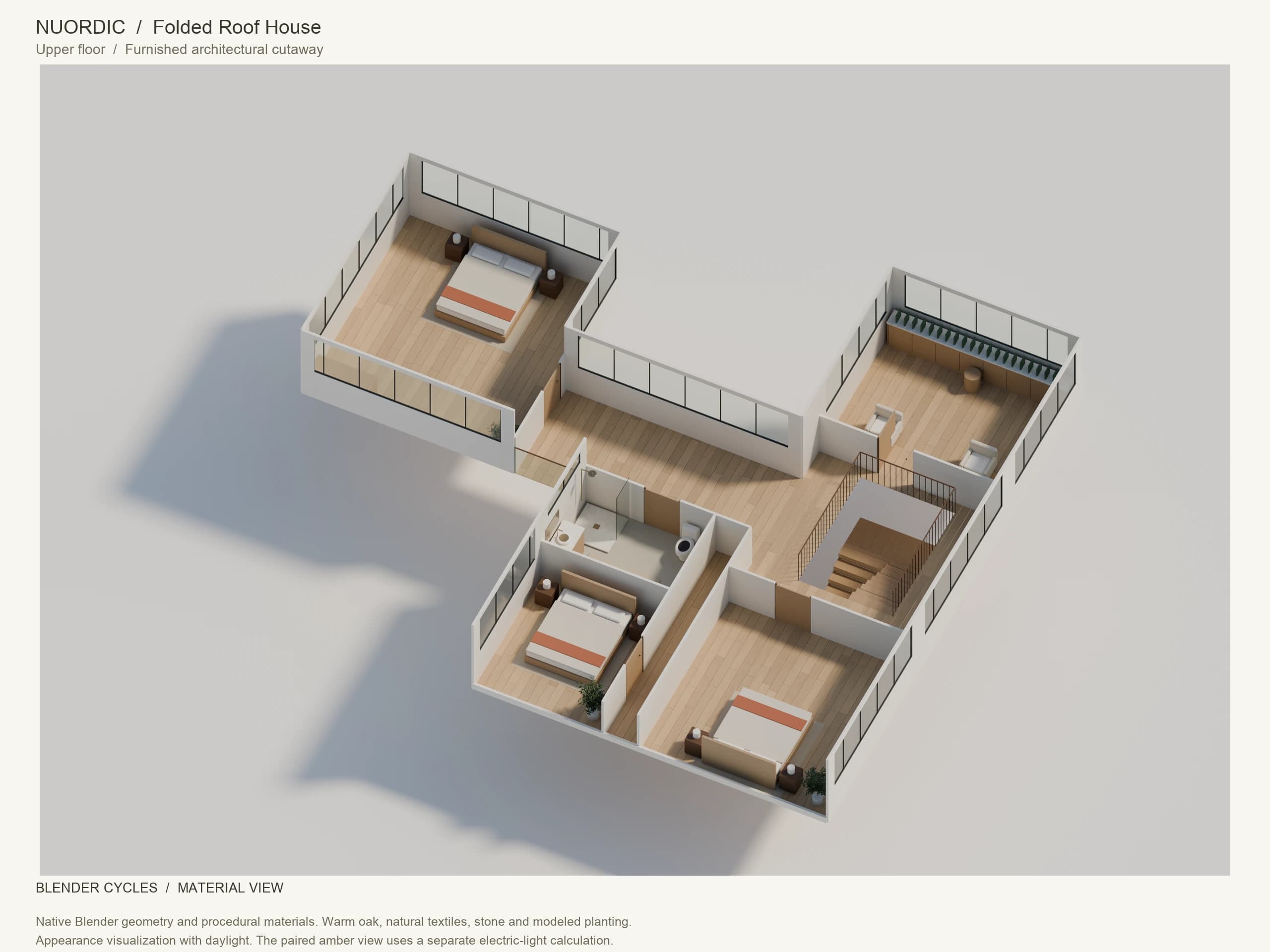 Folded Roof House, Upper floor: angled whole-floor Blender Cycles render with furnished interiors, modeled planting, windows and doors.