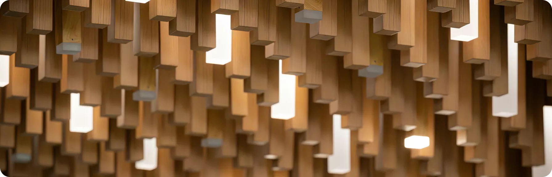 Modern wooden ceiling design with integrated LED pendant lights